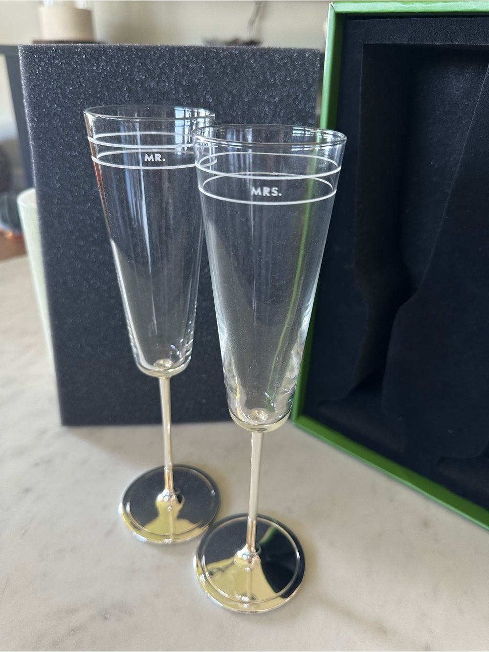 🥂 Kate Spade “Mr. & Mrs.” Champagne Flutes — Brand New